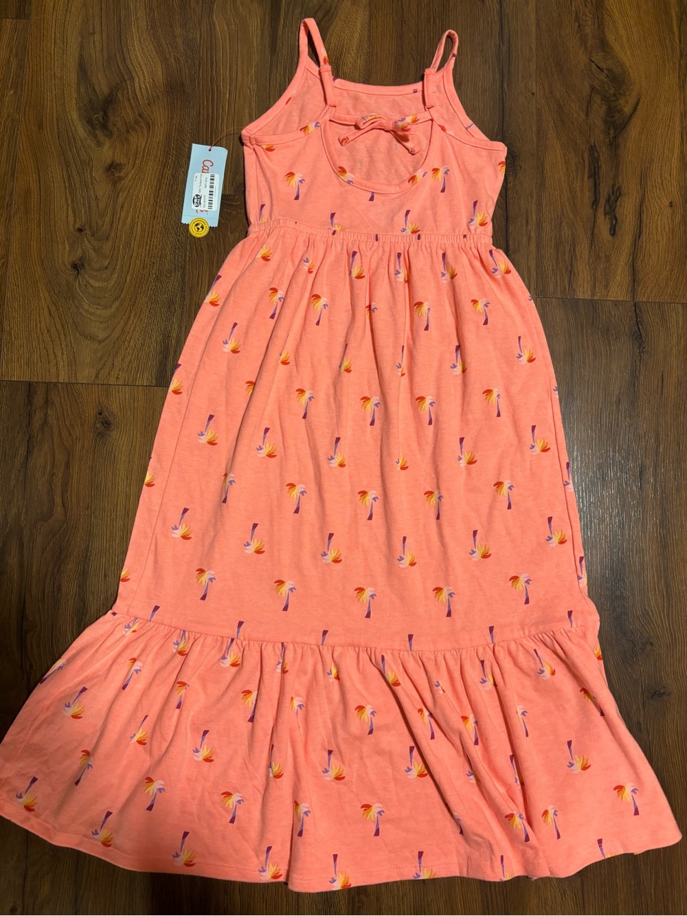 Cat & Jack Girls’ Tie Back Printed Sleeveless Maxi Dress - Neon Peach Palm S - Picture 2 of 4
